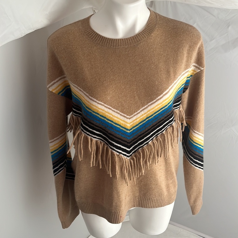 Minnie Rose On Trend Multicolor Crew Neck Cashmere Fringed Long Sleeve Sweater